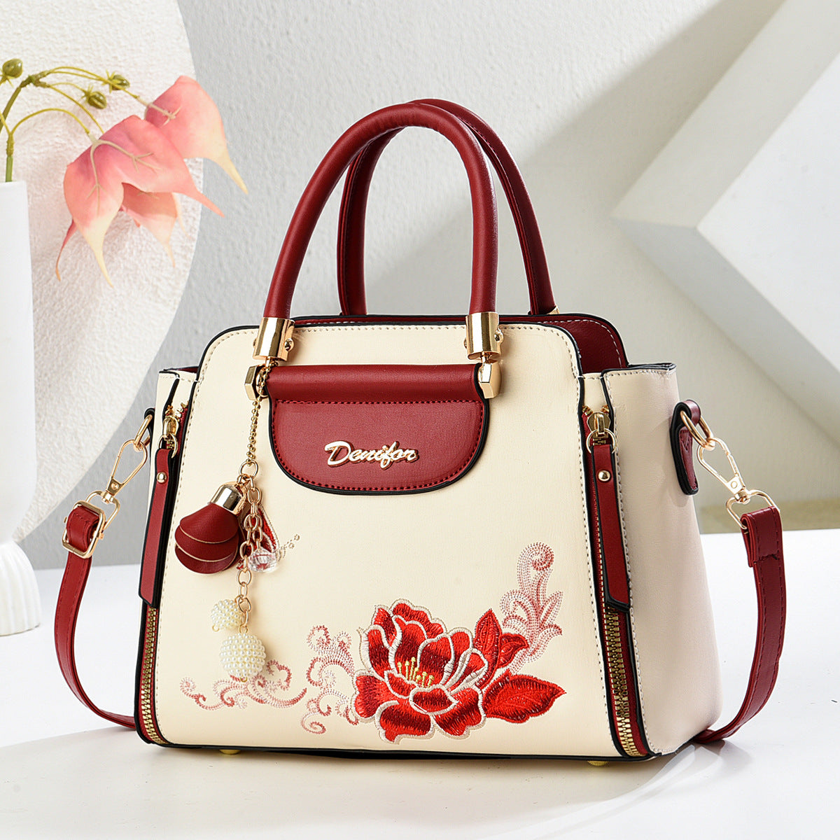 Embroidered PU Handbag | Women's Stylish Shoulder Bag with Adjustable Strap