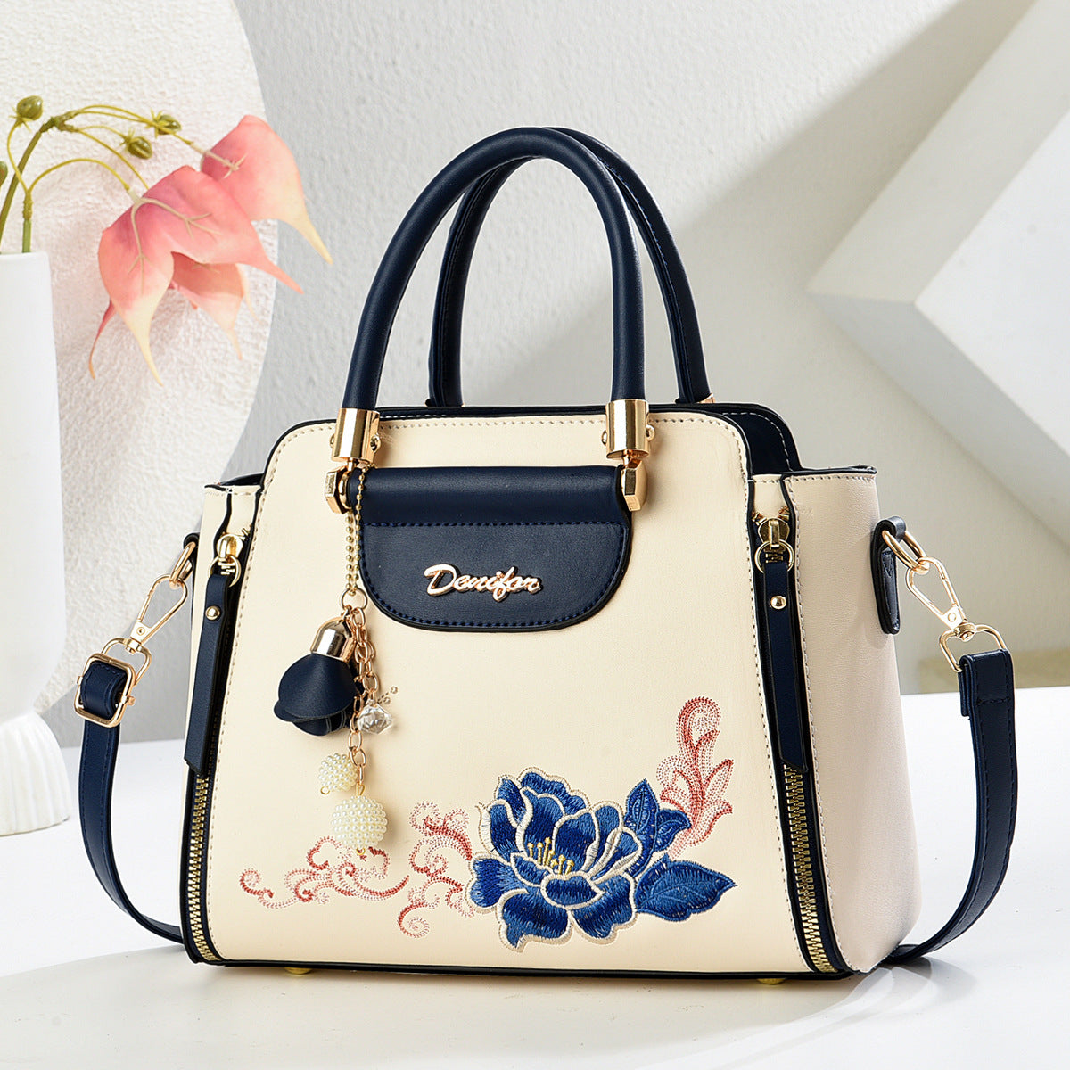 Embroidered PU Handbag | Women's Stylish Shoulder Bag with Adjustable Strap