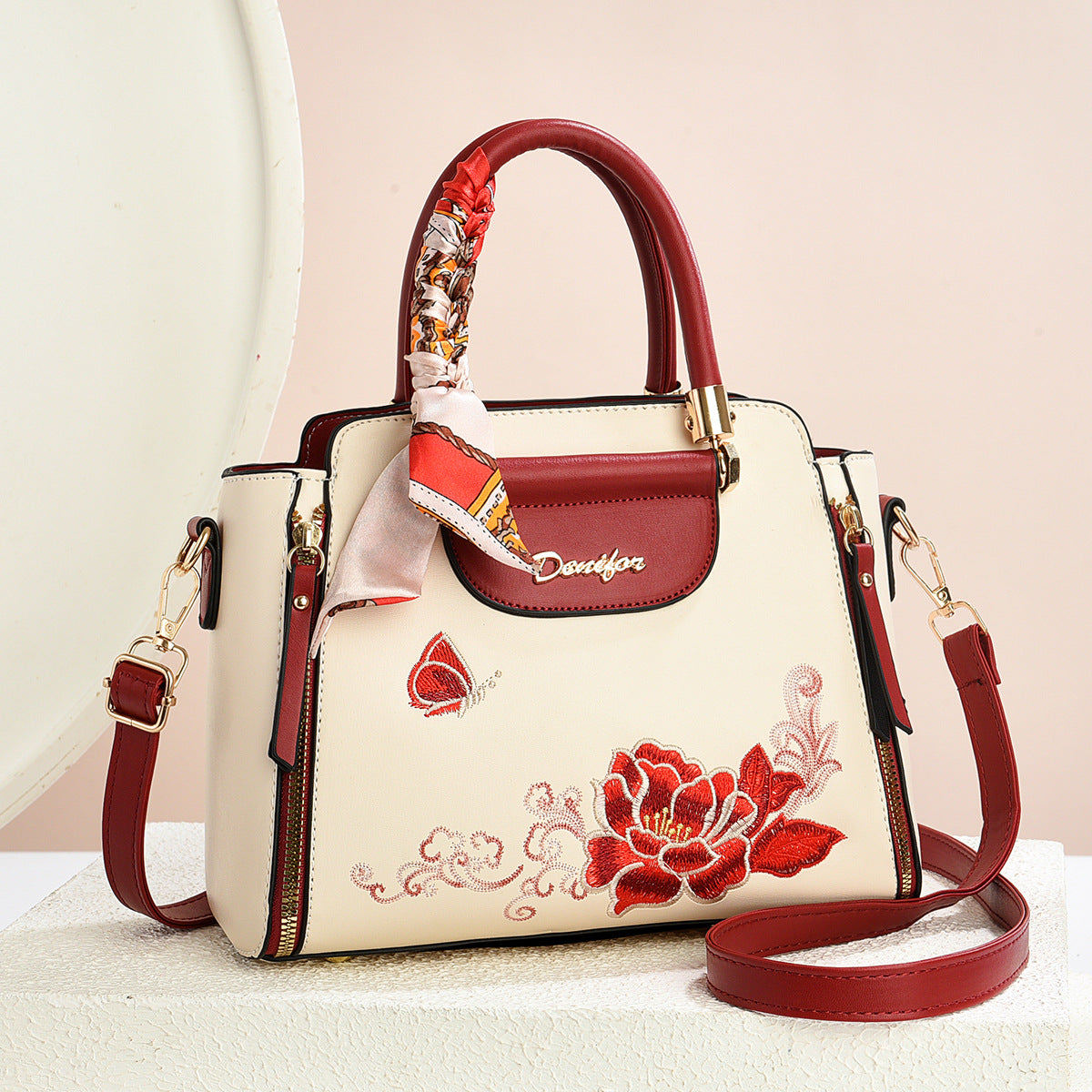 Embroidered PU Handbag | Women's Stylish Shoulder Bag with Adjustable Strap