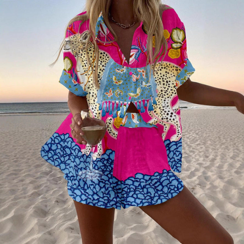 Women's Digital Print Two-Piece Summer Outfit Set | Casual Matching Top & Shorts