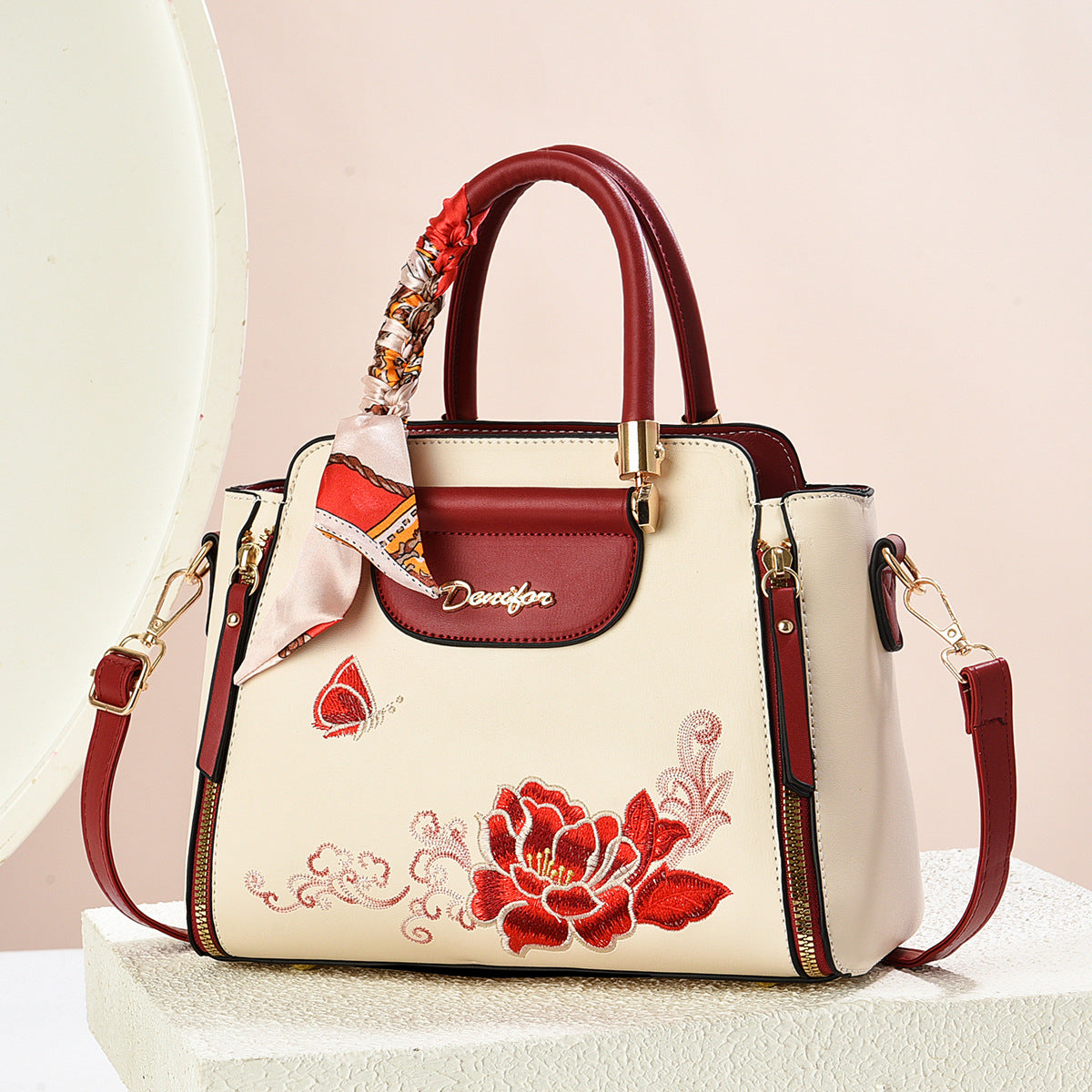 Embroidered PU Handbag | Women's Stylish Shoulder Bag with Adjustable Strap