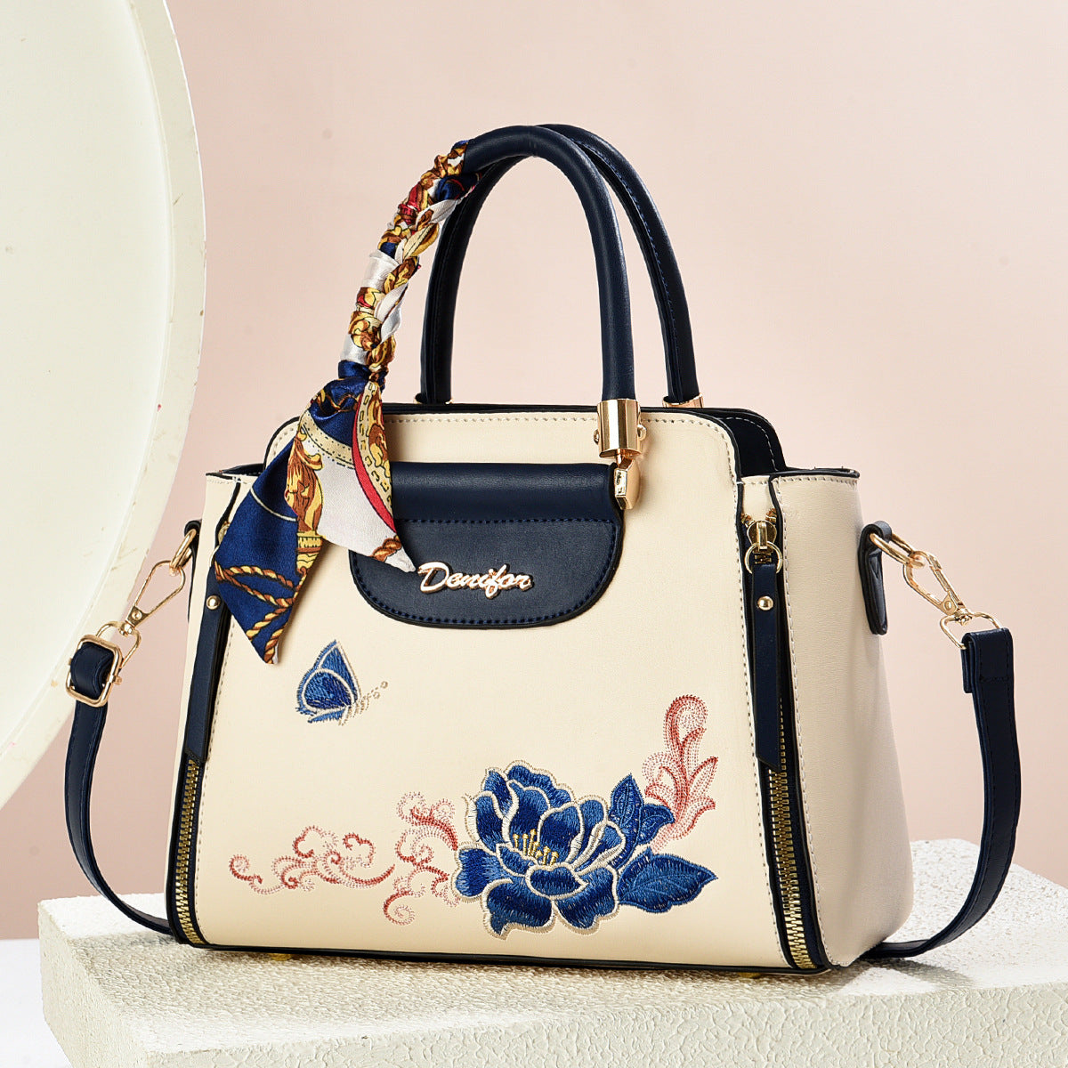 Embroidered PU Handbag | Women's Stylish Shoulder Bag with Adjustable Strap
