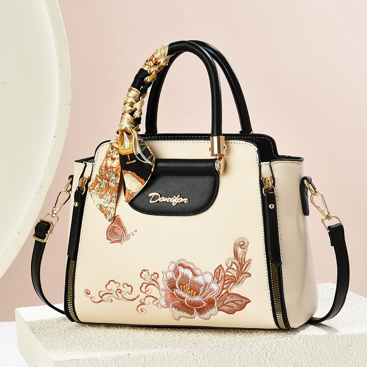 Embroidered PU Handbag | Women's Stylish Shoulder Bag with Adjustable Strap