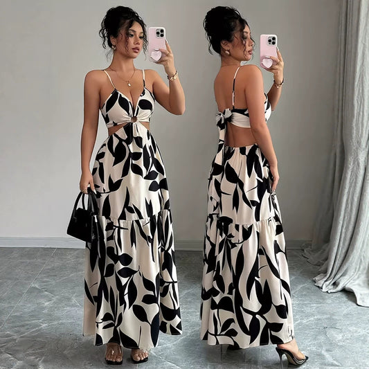 Floral Print Halter Neck Backless Maxi Dress for Women