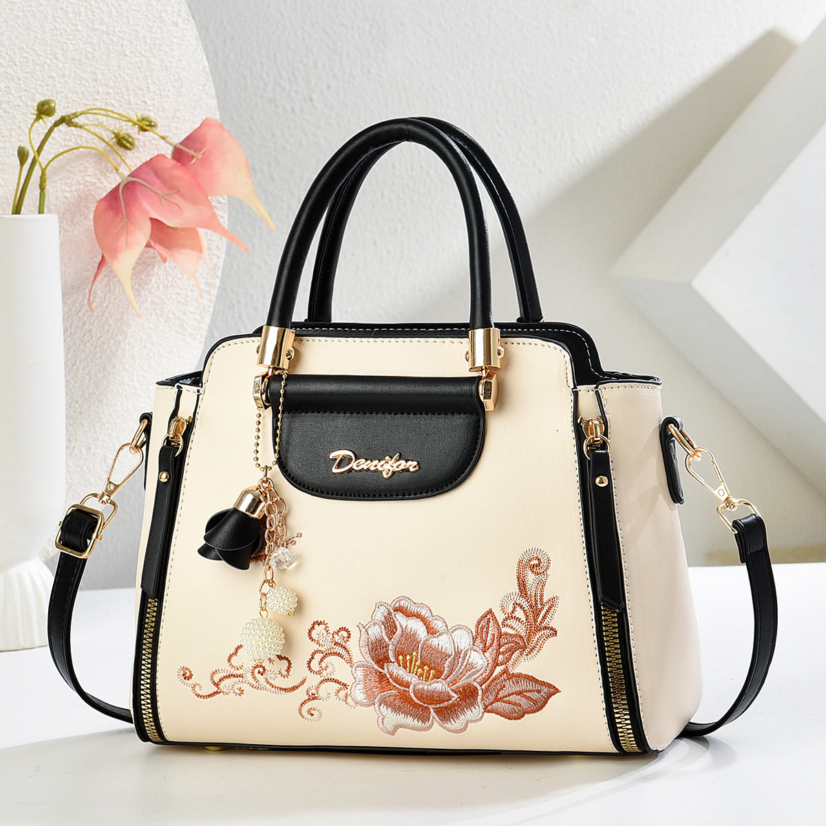Embroidered PU Handbag | Women's Stylish Shoulder Bag with Adjustable Strap