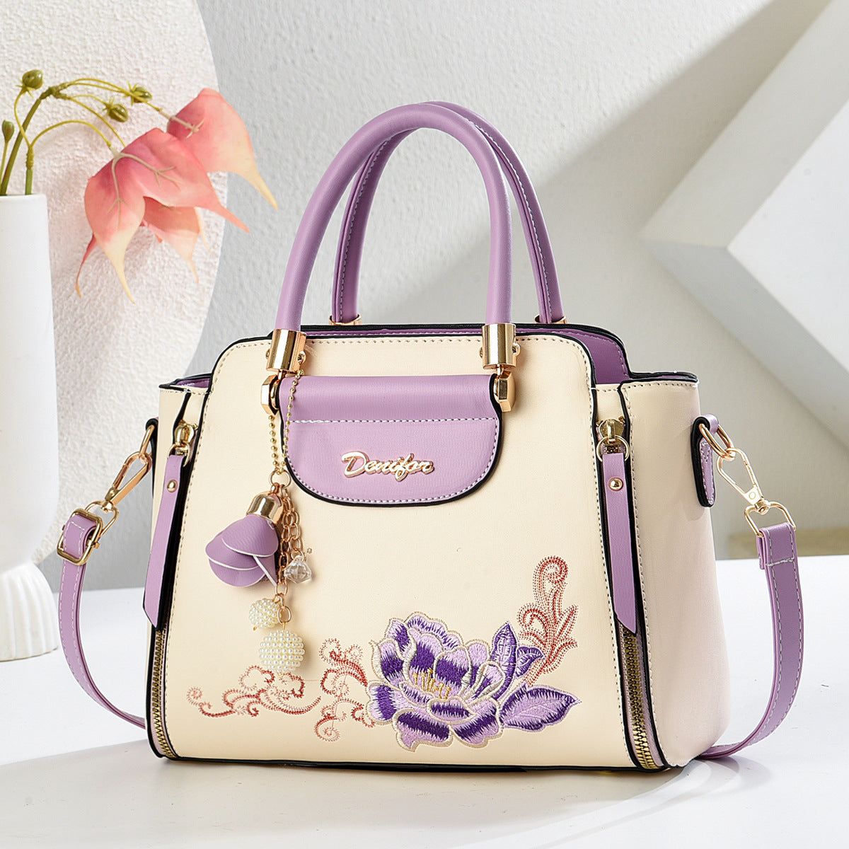Embroidered PU Handbag | Women's Stylish Shoulder Bag with Adjustable Strap